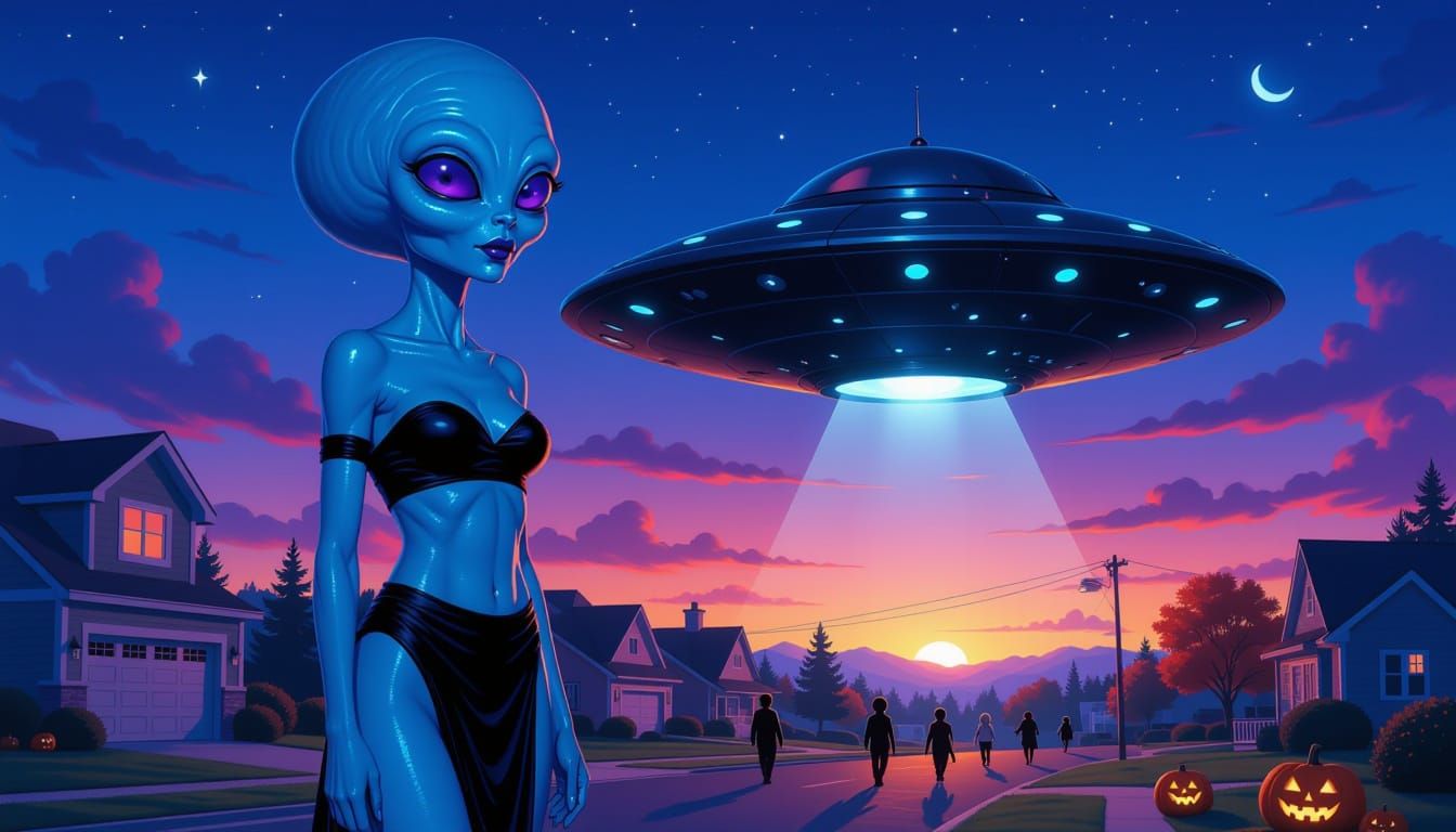 Alien Descends on Halloween Night, Sci-Fi Concept Art