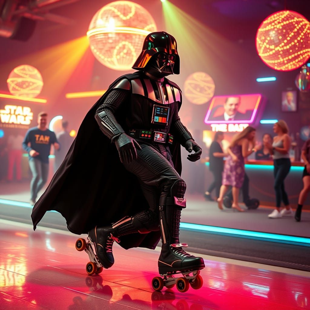 Darth Vader Shreds at Roller Disco in Dreamlike Style