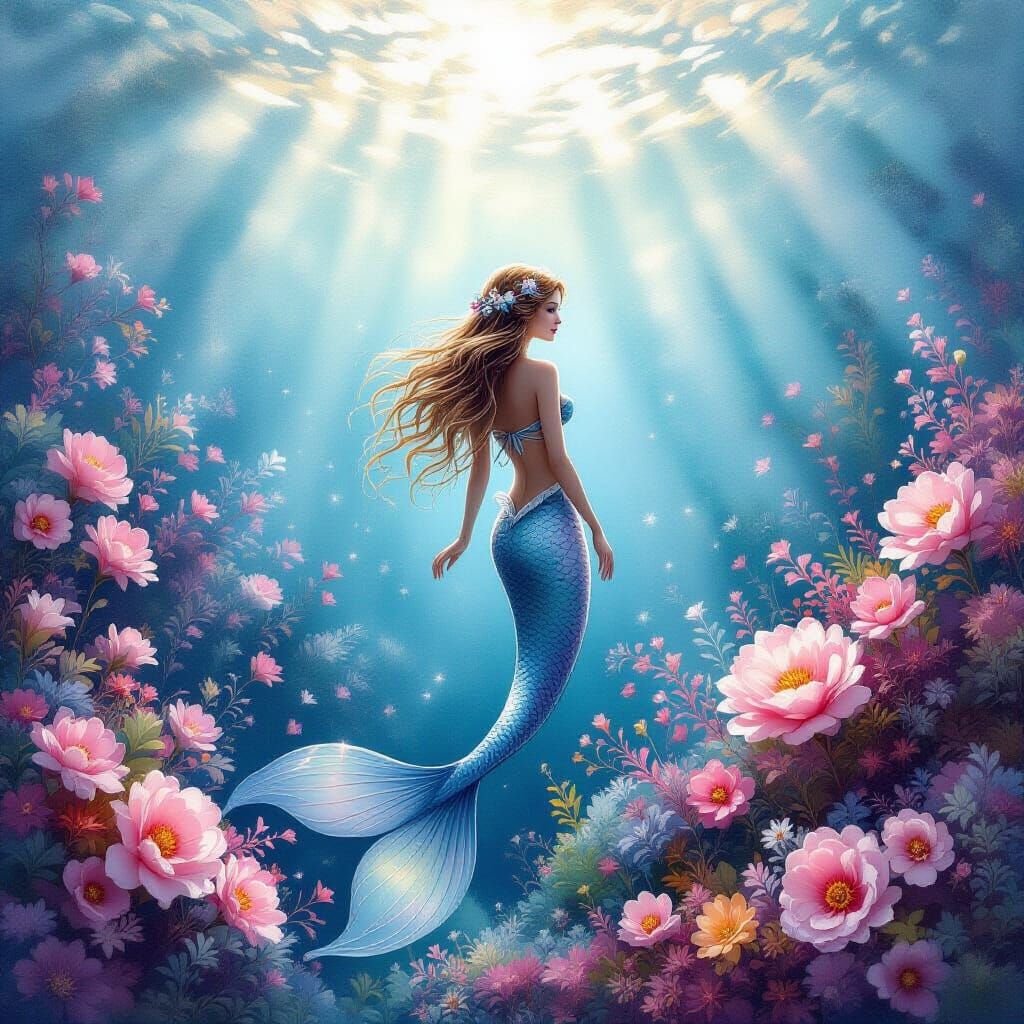 Underwater Mermaid Garden in Ethereal Watercolor Style
