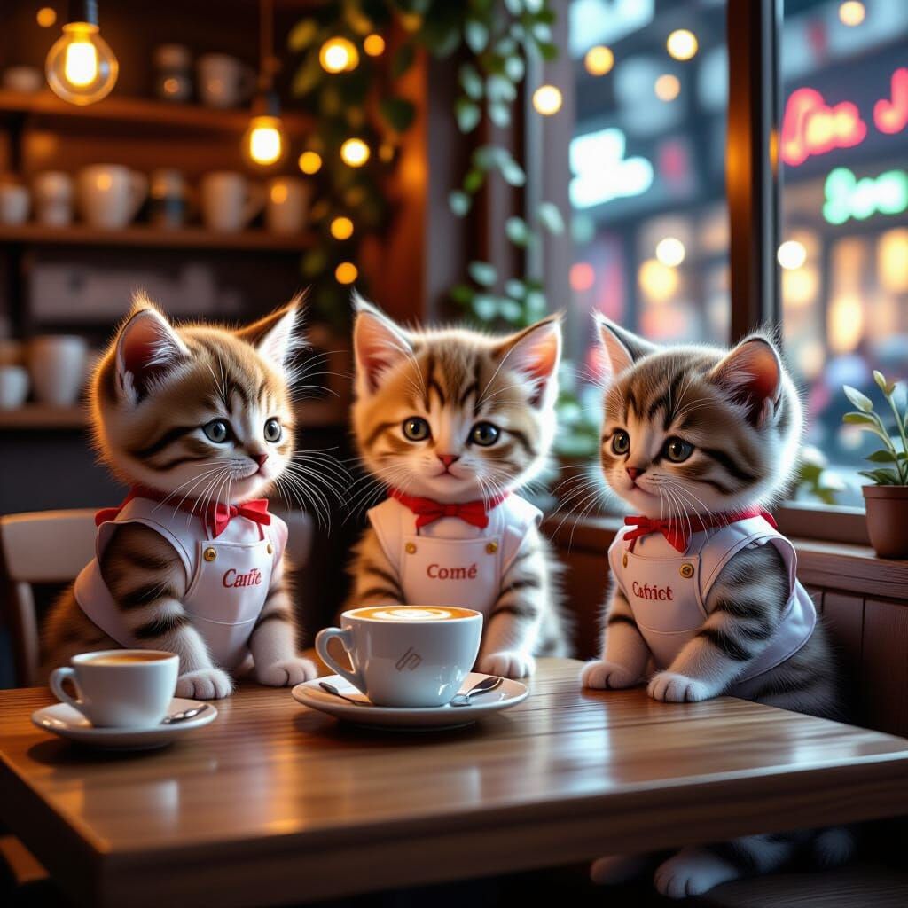 Cozy Kitten Cafe Serving Bubble Tea in Neon Aesthetic