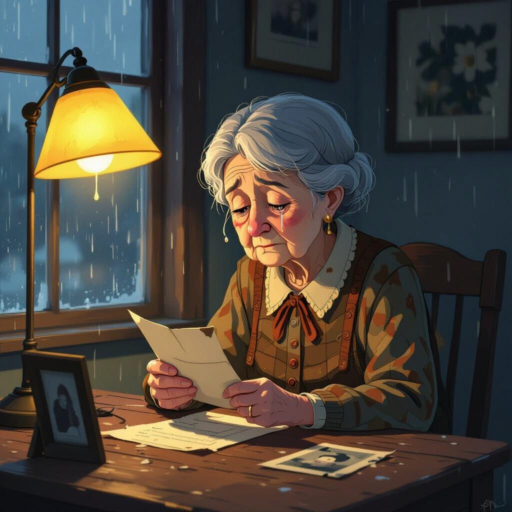 Elderly Woman's Solitude: 2D Cartoon in Nostalgic Style