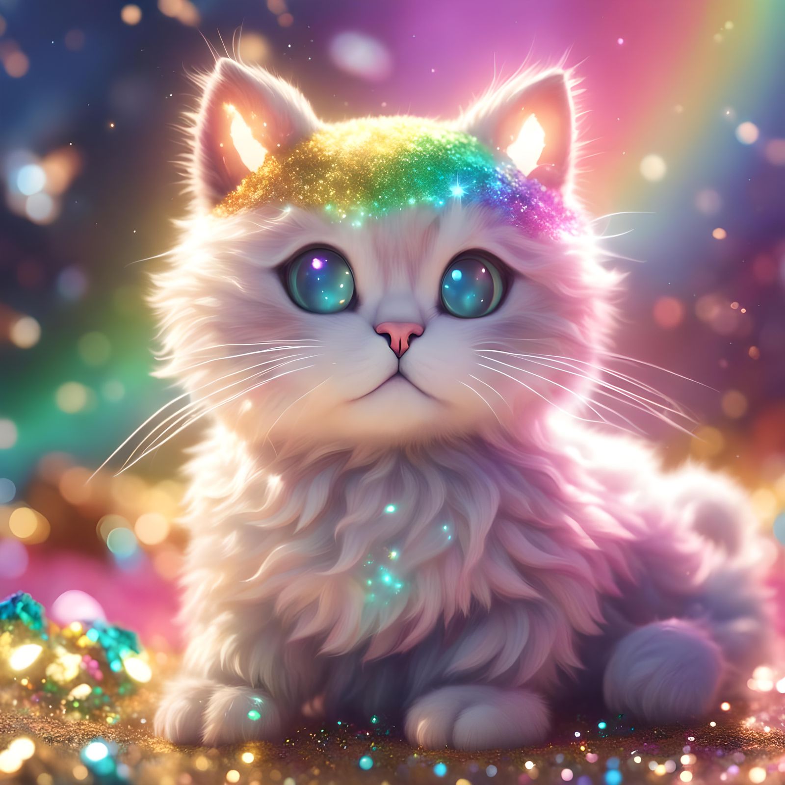 Sparkling Cat in Catnip Wonderland with Rainbows