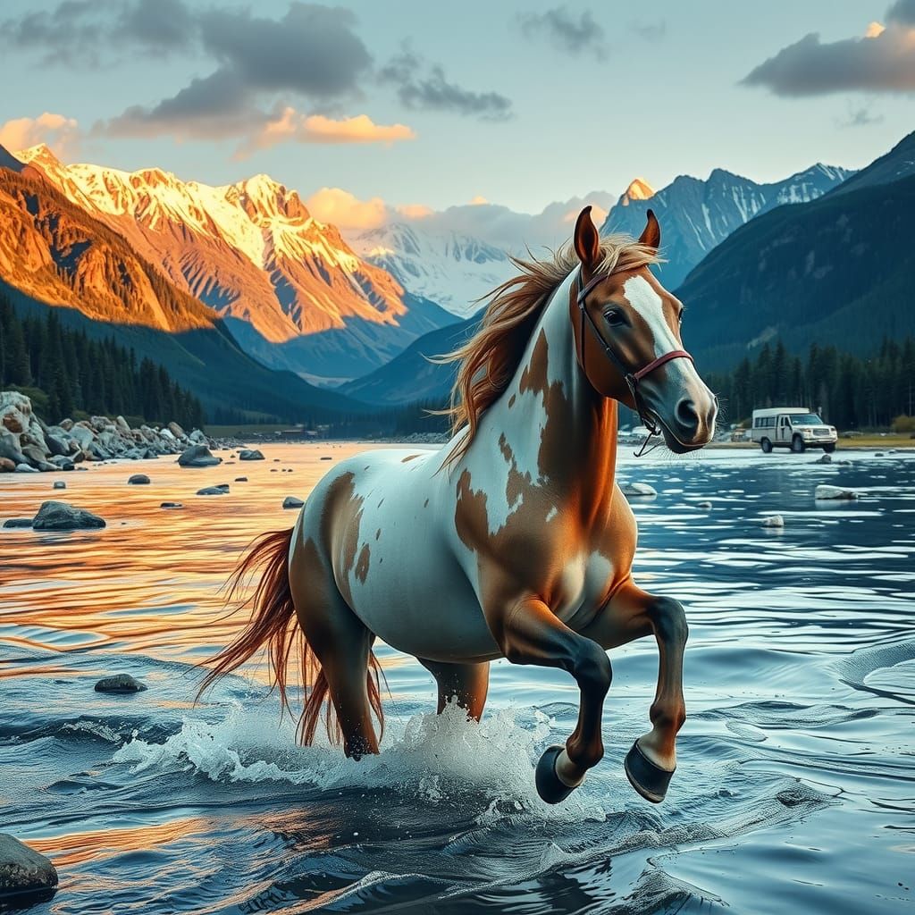 Appaloosa Horse Galloping in Mountain River