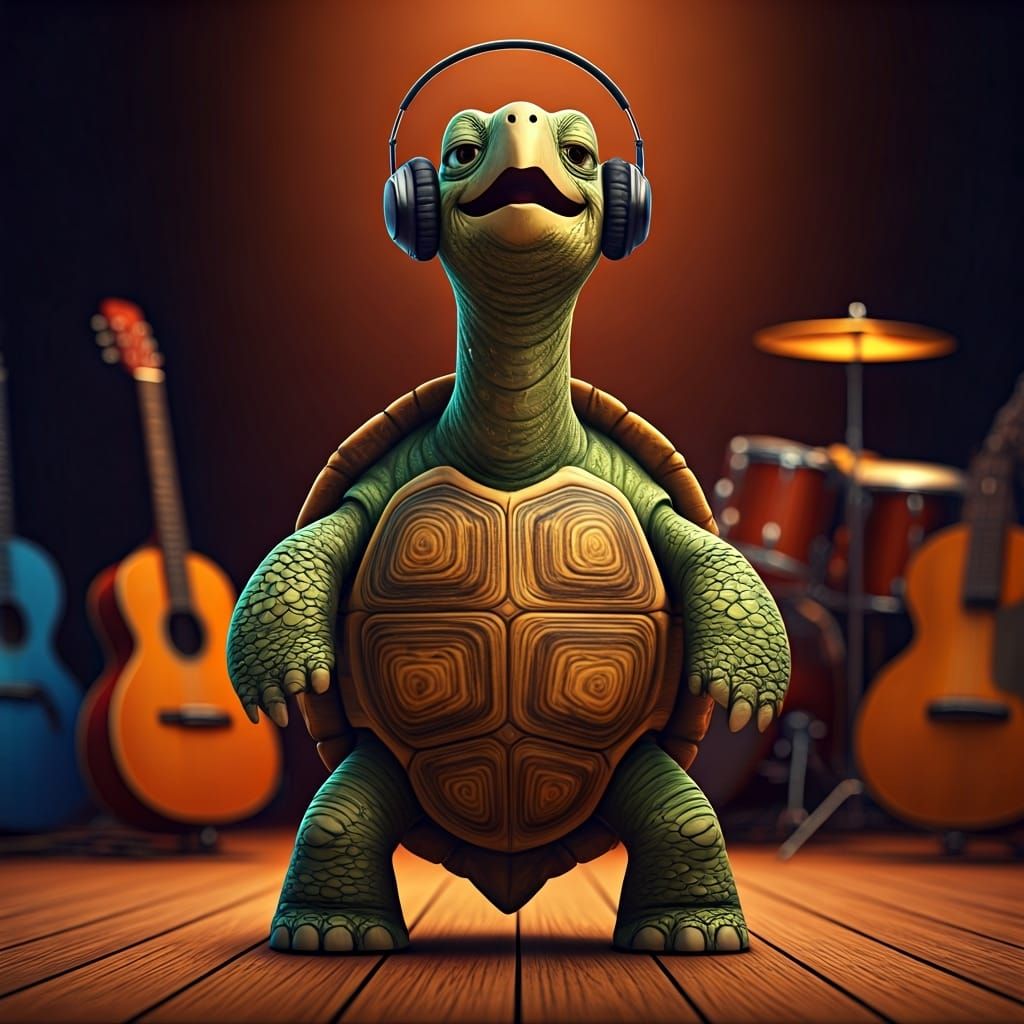 Singing Turtle on Stage in Pixar 3D CGI Style