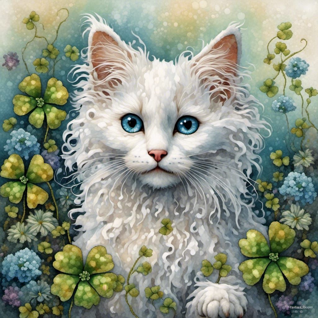 Fluffy White Kitten with Blue Eyes and Shamrocks