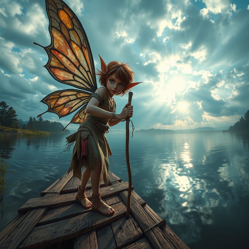 Grunge Fairy on River Raft: Hyperrealistic Digital Art