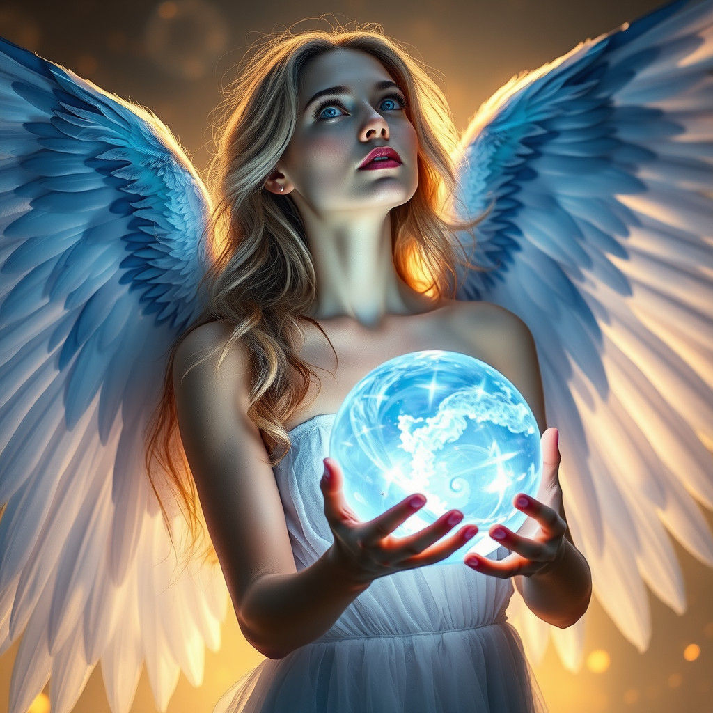 Woman Angel with Blue Wings and Magic Orb
