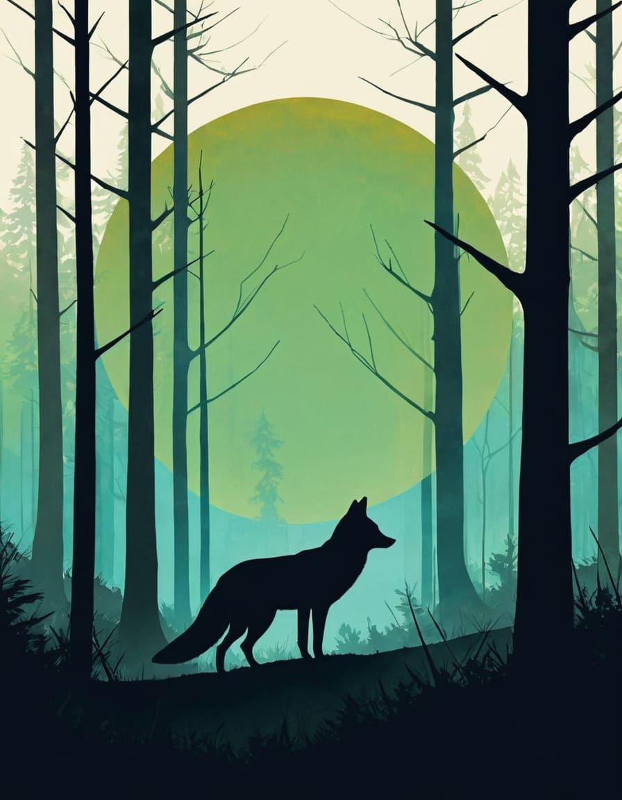 Minimalist Fox Silhouette in Forest: Fantasy Art
