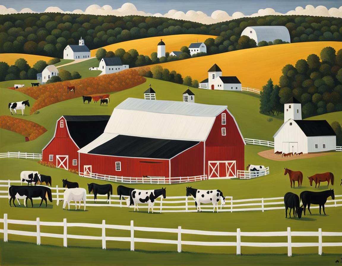 American Farm Scene in Naive Art Style