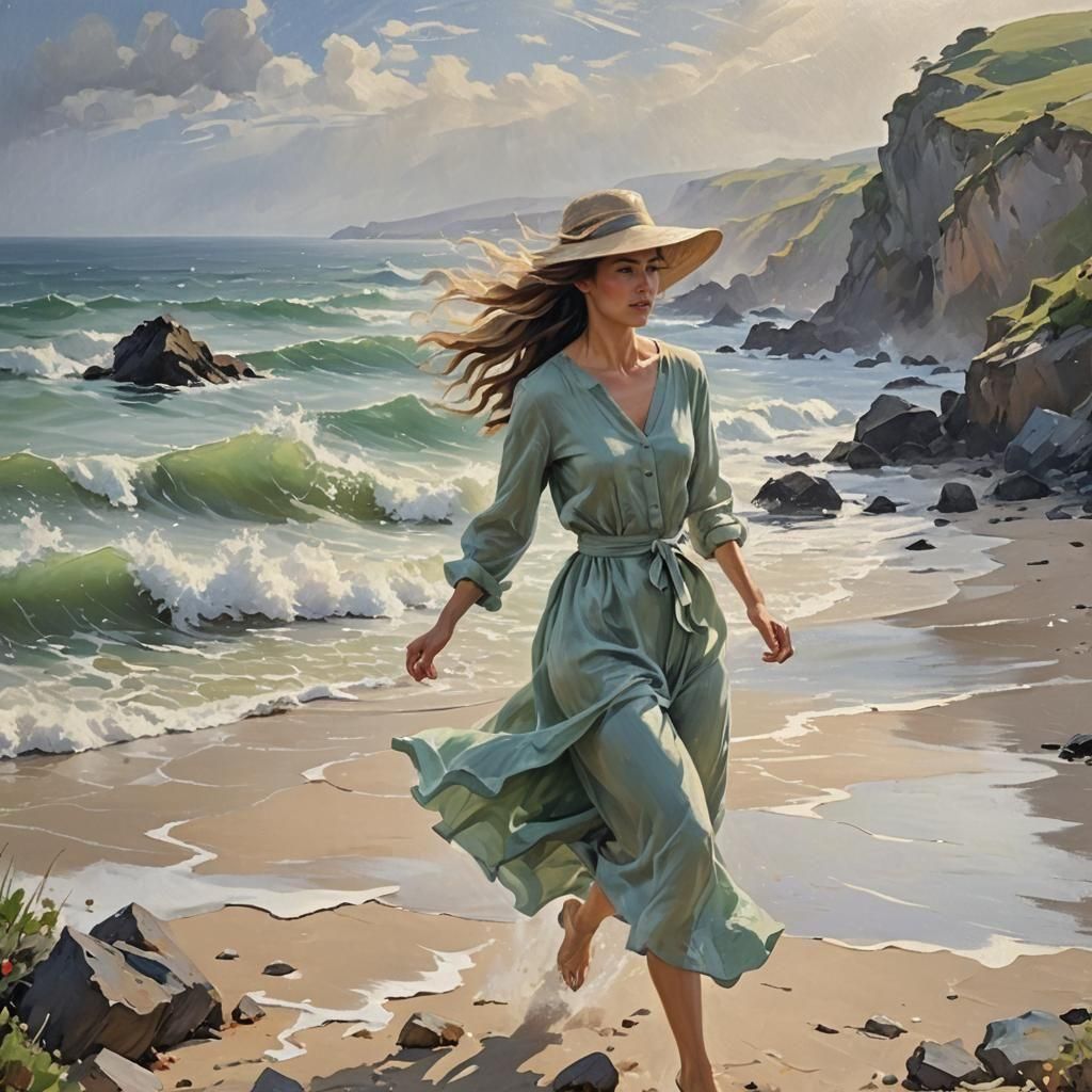 Woman Chasing Hat on Windy Beach