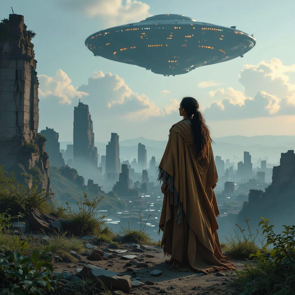 Indigenous Woman Observes Alien Mothership in Dystopian Ruin...