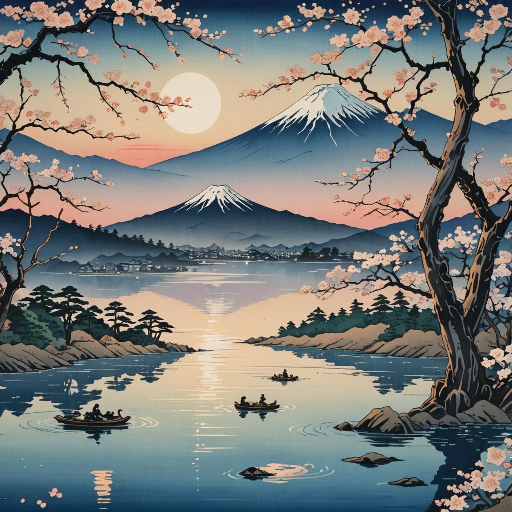 Mount Fuji in Ukiyo-e Style with Cherry Blossoms