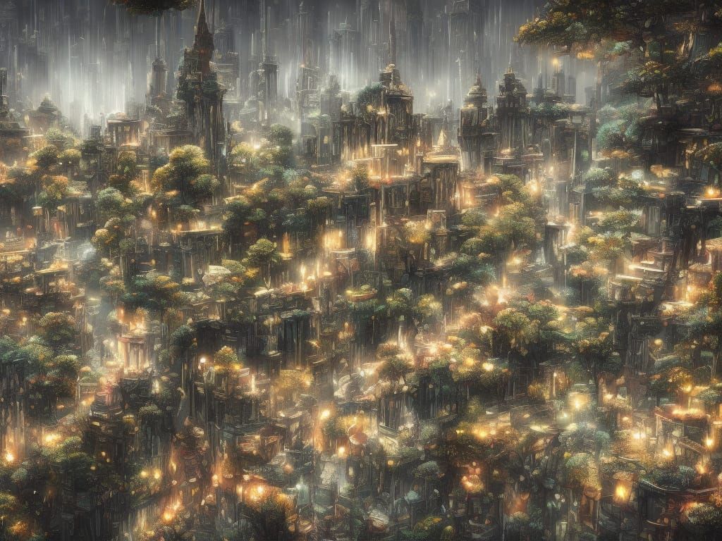 Island City with Floating Gardens in Crimson Light