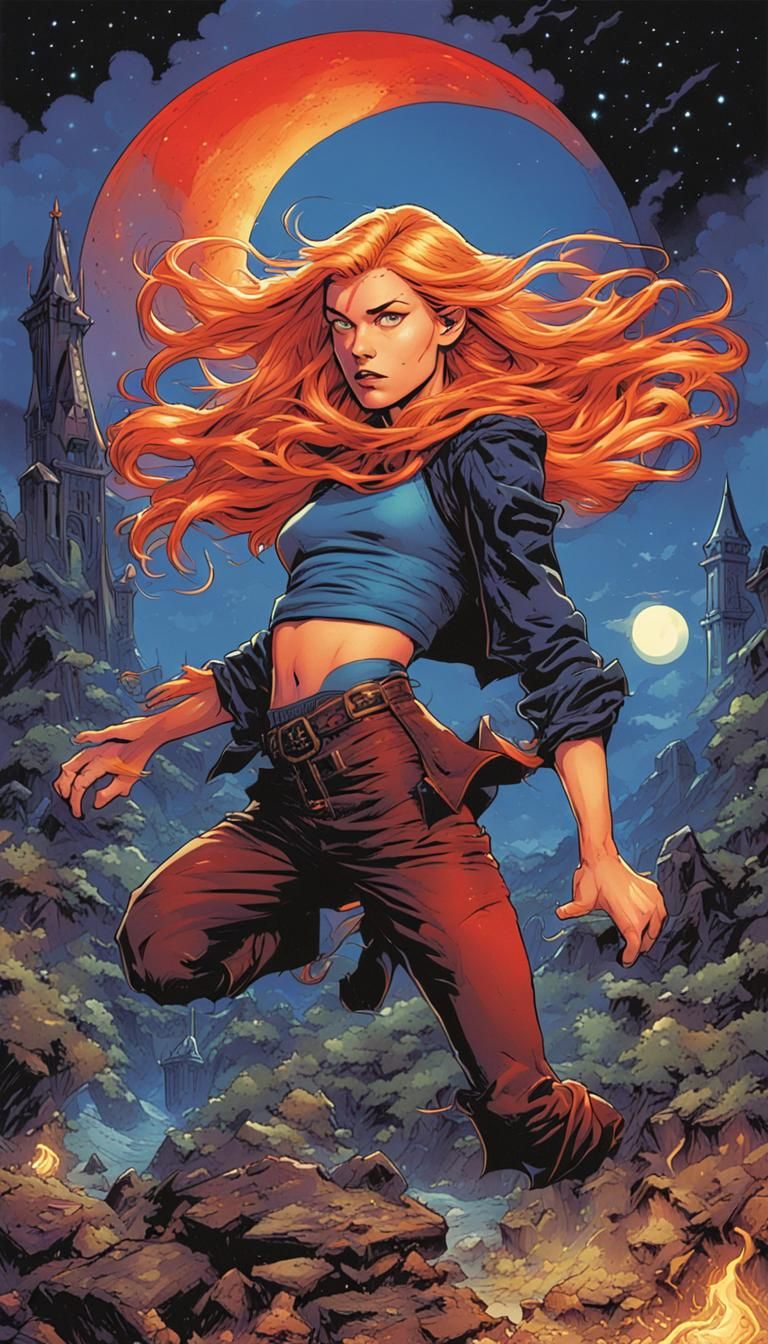Witch. High fantasy setting. Red-blonde hair. Bare midriff.