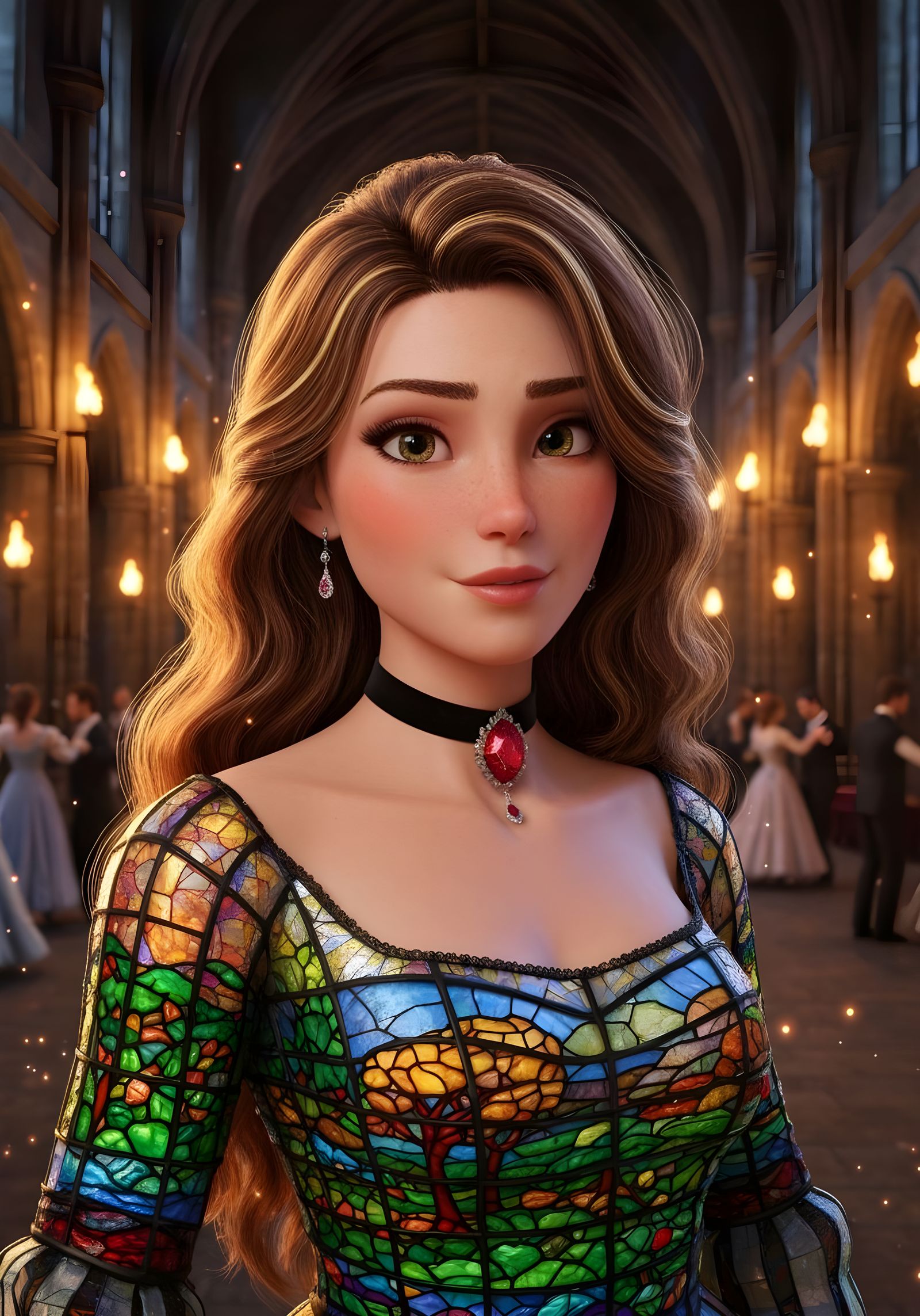 Noblewoman in Vibrant Stained Glass Renaissance Gown