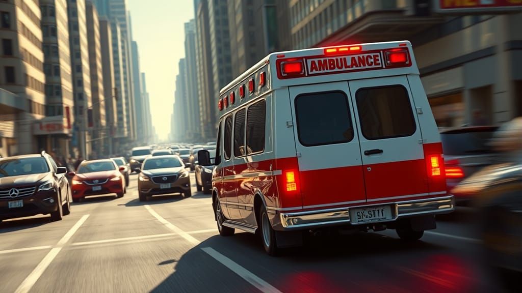 an ambulance with its red siren on speeds along a busy road