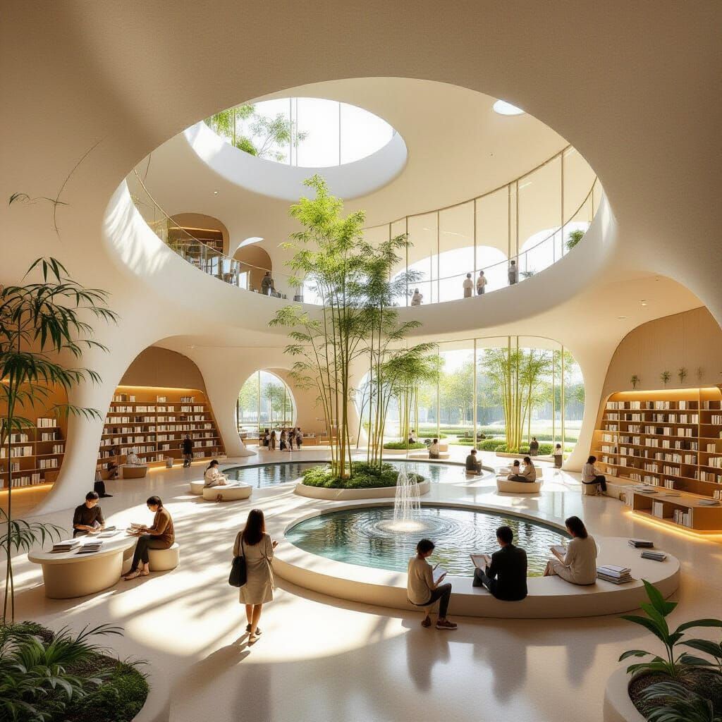 Isometric Library Design with Water Fountains and Bamboo