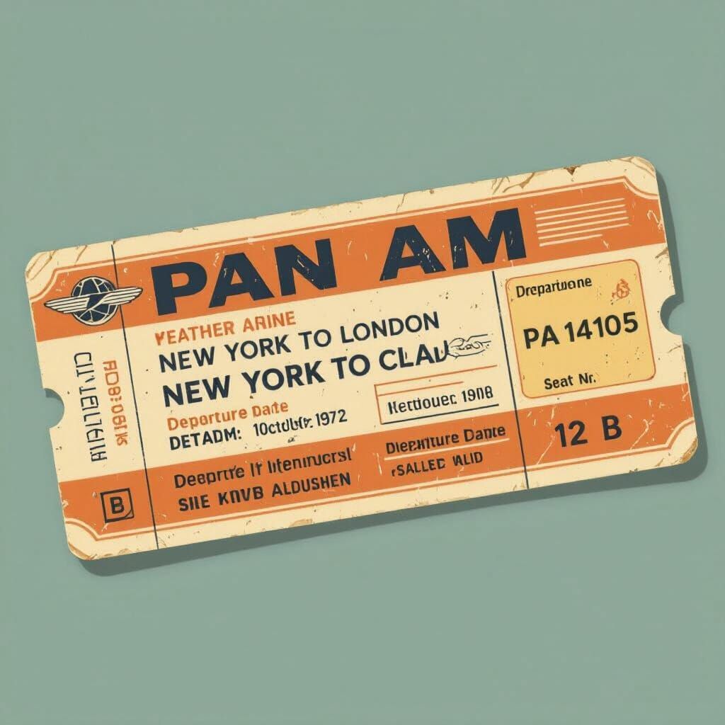 Vintage 1970s Airline Ticket Illustration: New York to Londo...