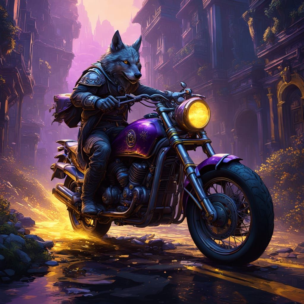 Wolf Riding Motorcycle, Dark Fantasy Concept Art