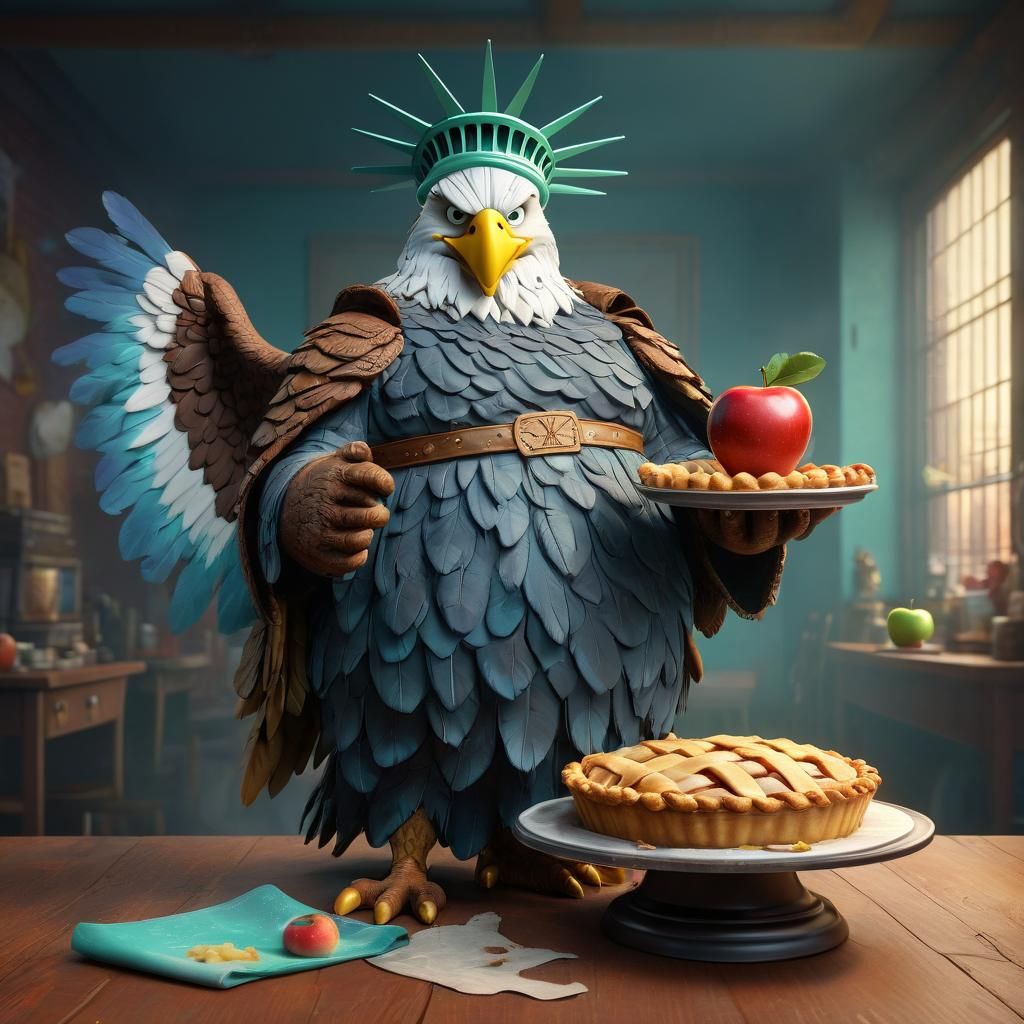 Overweight Eagle-Liberty Woman with Pie: Pixar-Style 3D Art