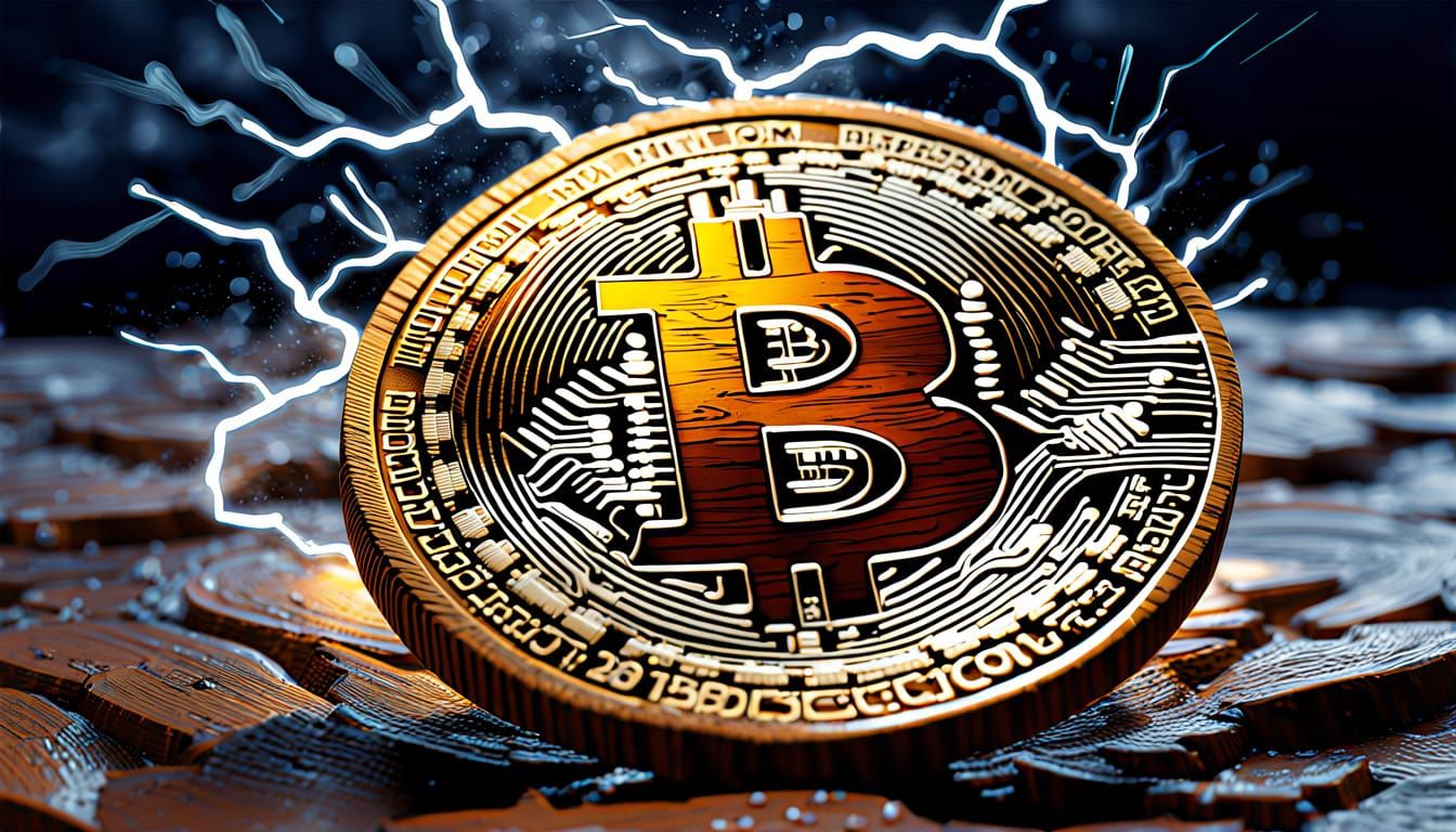Old Wooden Bitcoin in Storm, Leonid Afremov Style