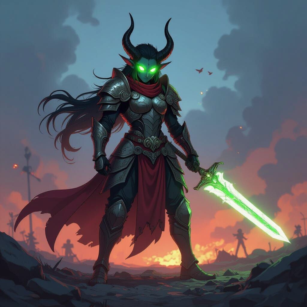 Tiefling Warrior on Battlefield in Anime Style