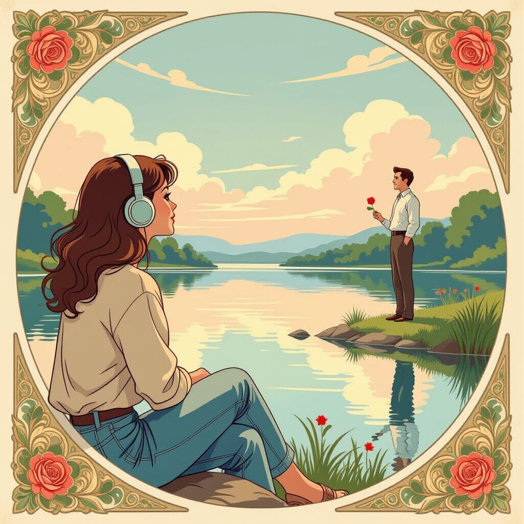 Woman by River in Art Nouveau Landscape Style