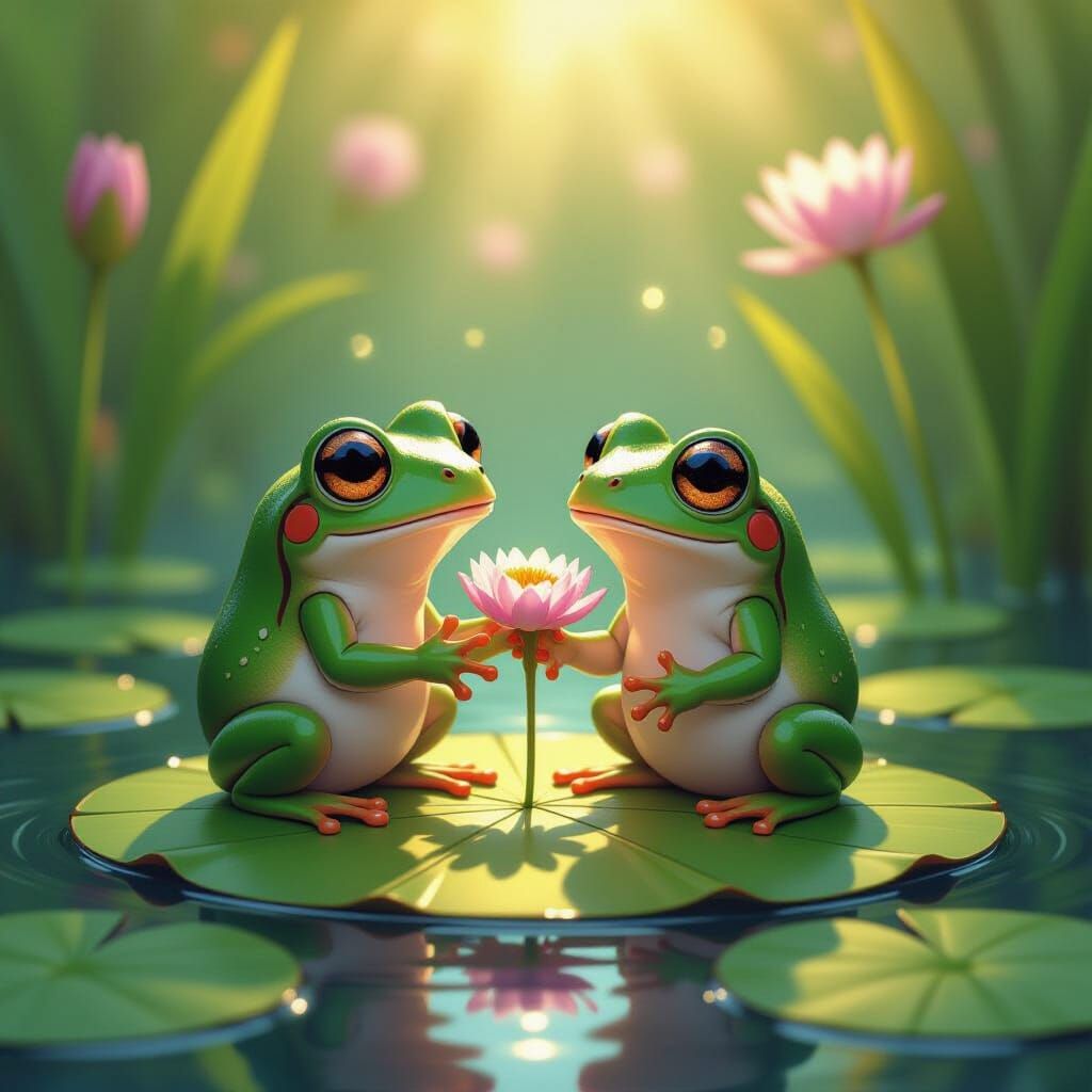 Cute Chibi Frogs Exchanging Flowers in Comic Style