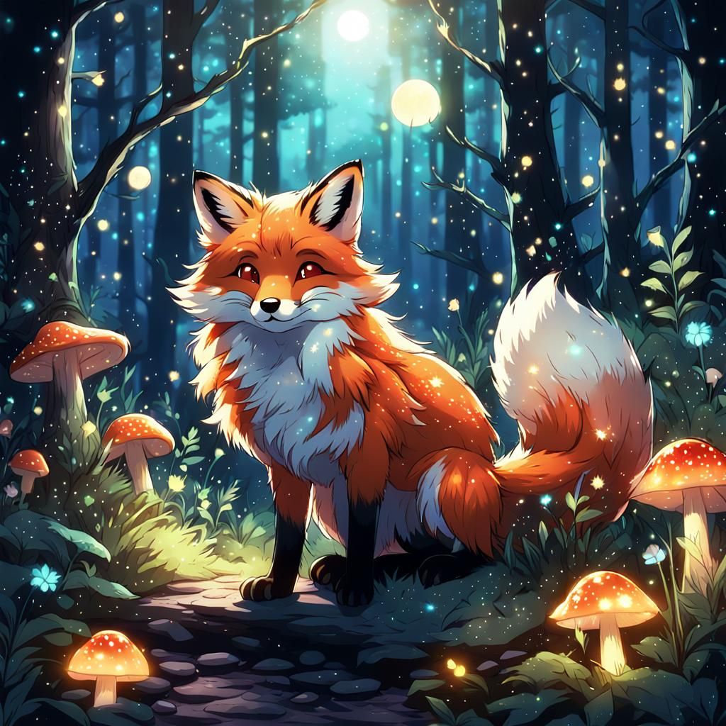 Sparkling Fox in Magical Forest, Anime Style