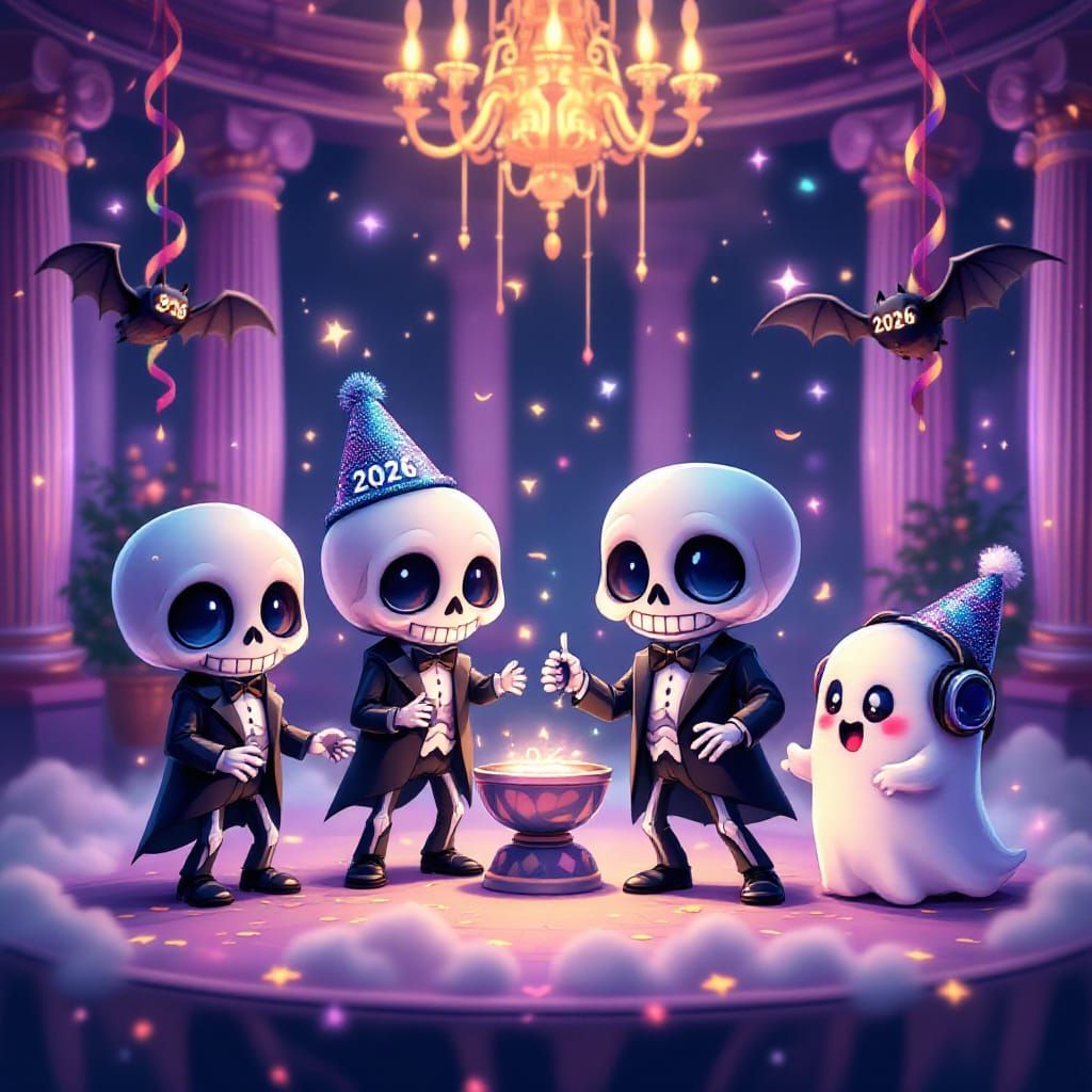 Chibi Skeletons and Ghosts at a Pastel New Year's Ball