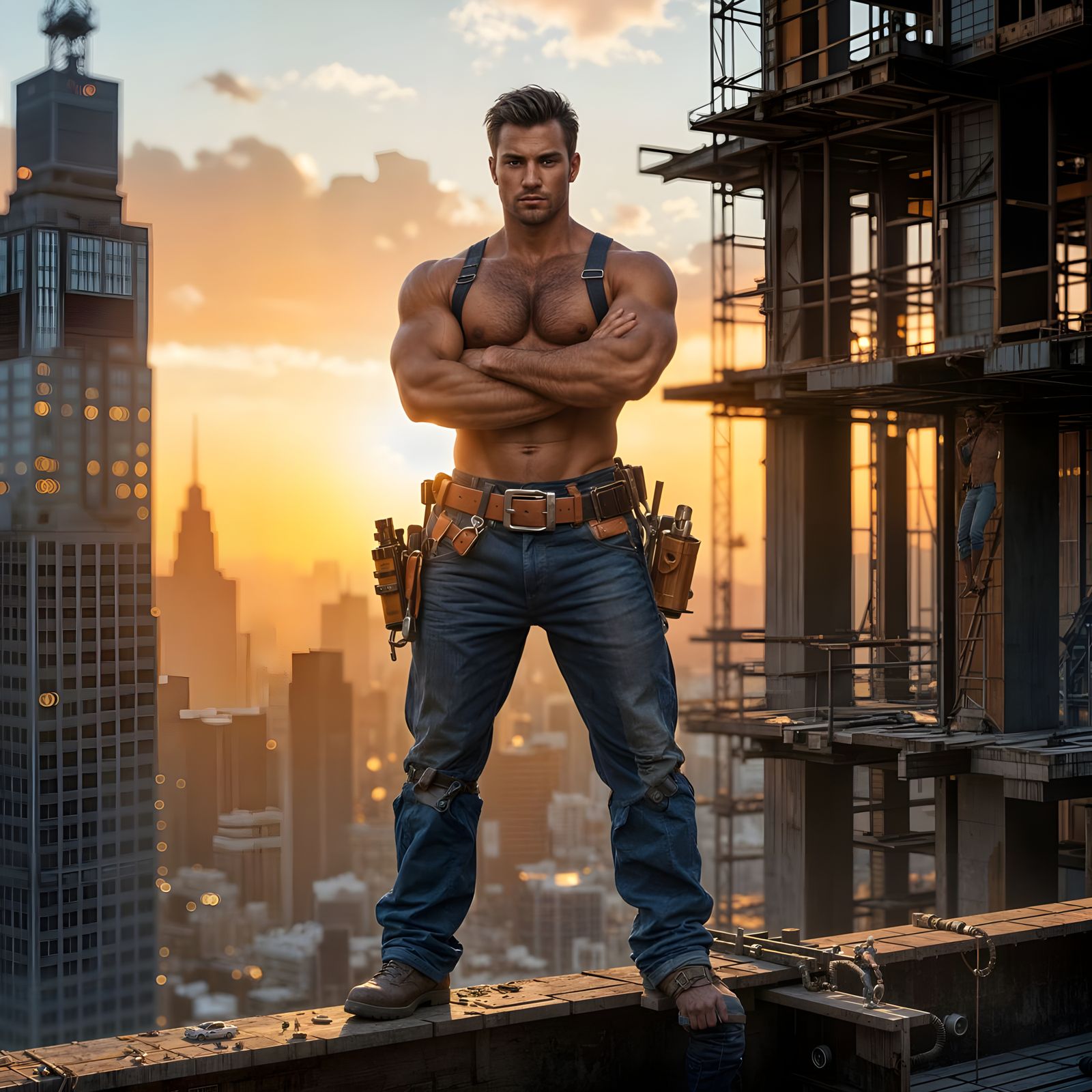 Construction Worker on Skyscraper at Sunset: Fantasy Concept...