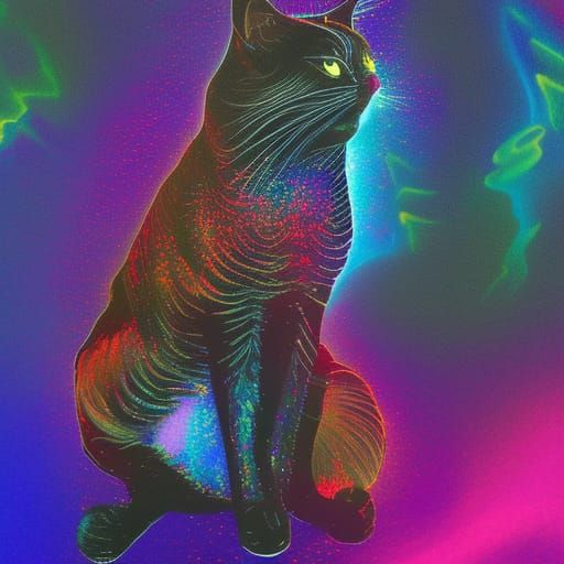 Fierce Black Cat on Fire: Astral Cosmic Illustration
