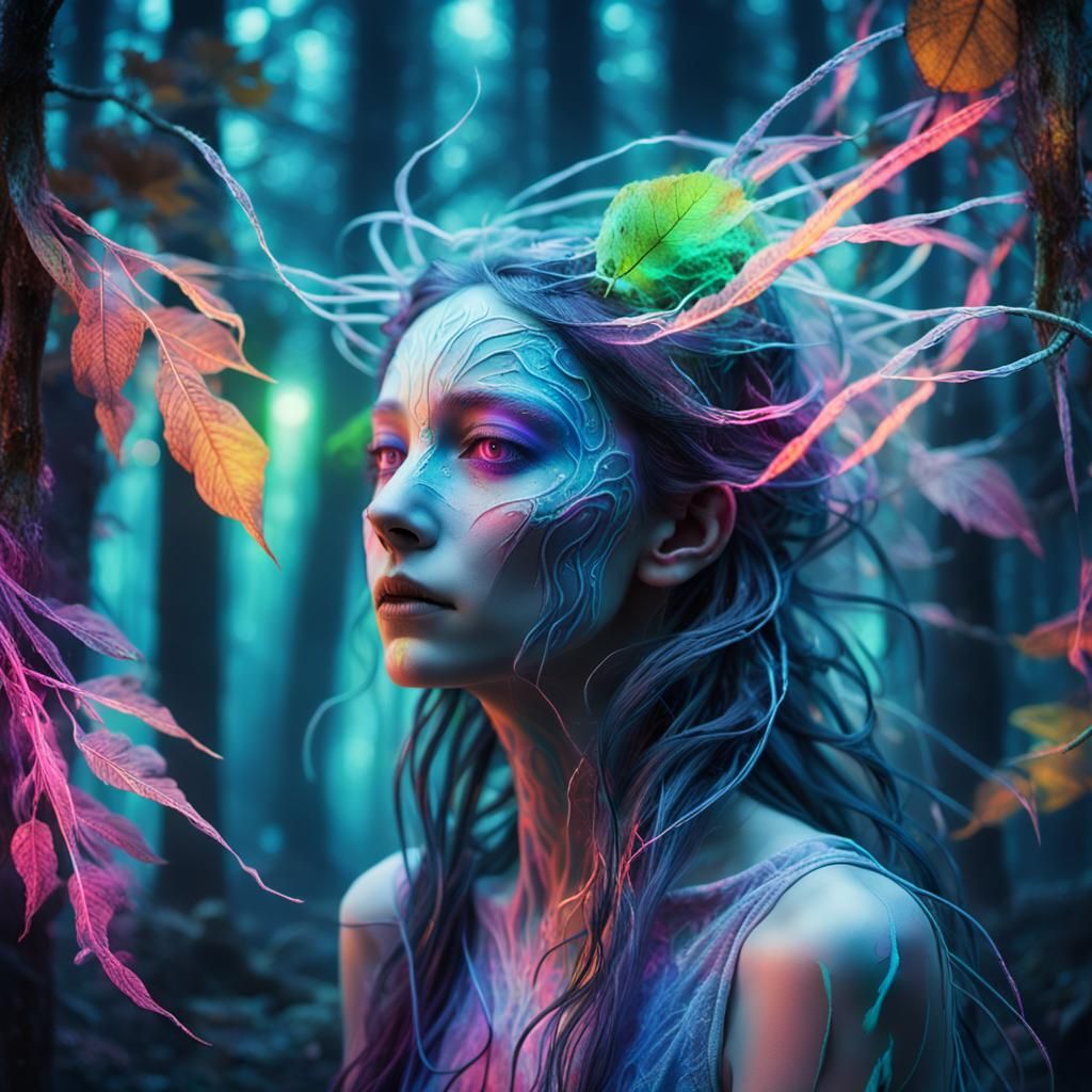 Alien Maiden in Neon Forest: Surreal Portrait
