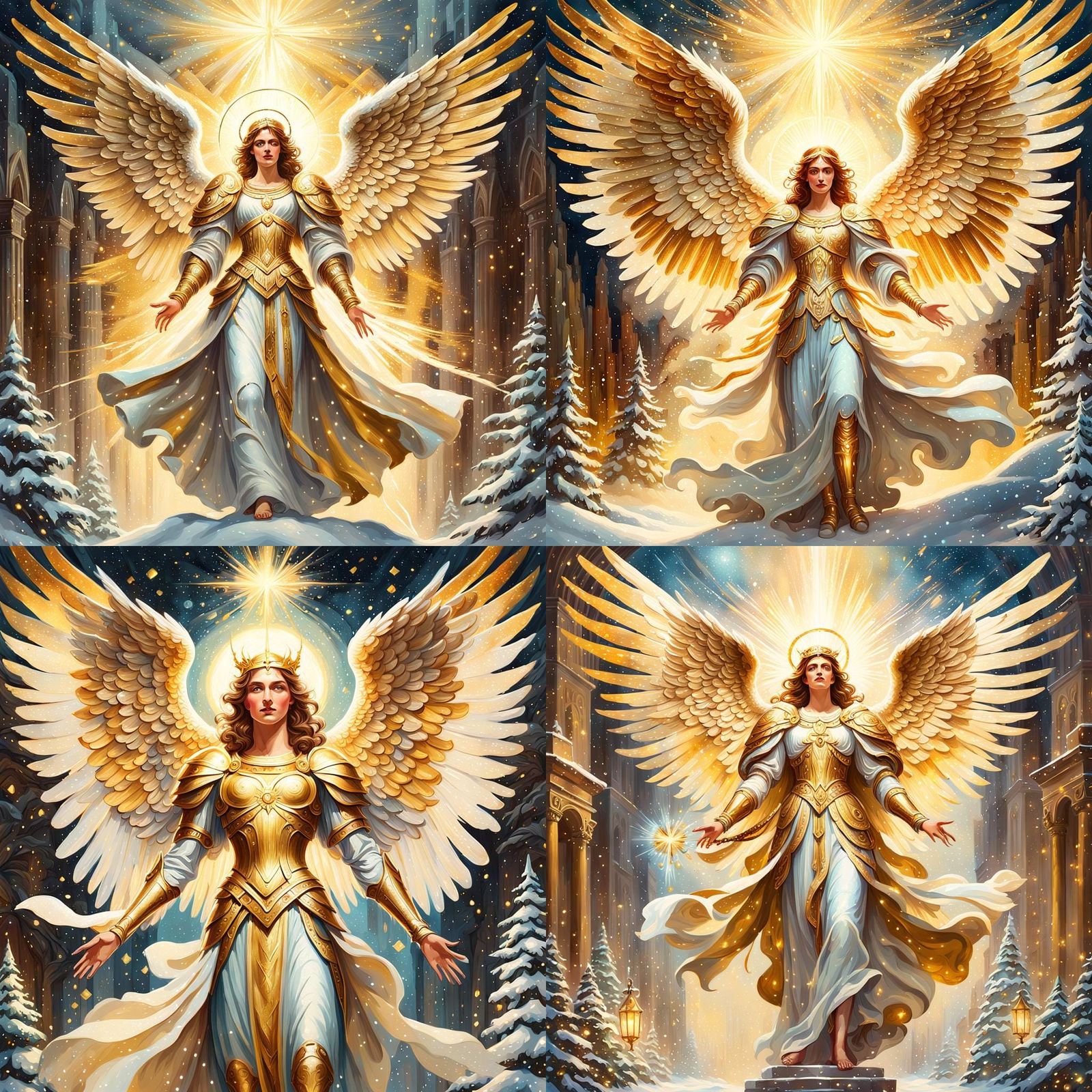 Golden Christmas Archangel in Gouache Impressionist Style