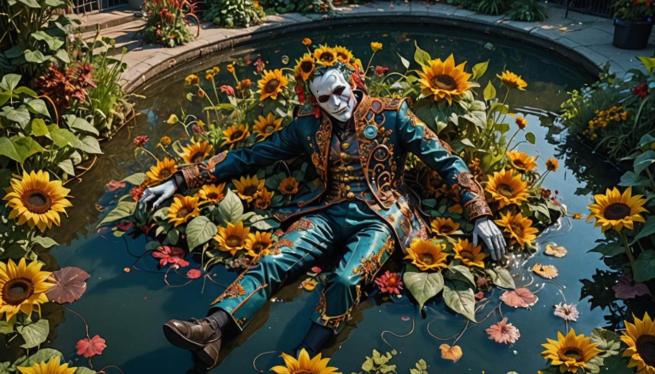 Man in Elaborate Costume in Surreal City Park