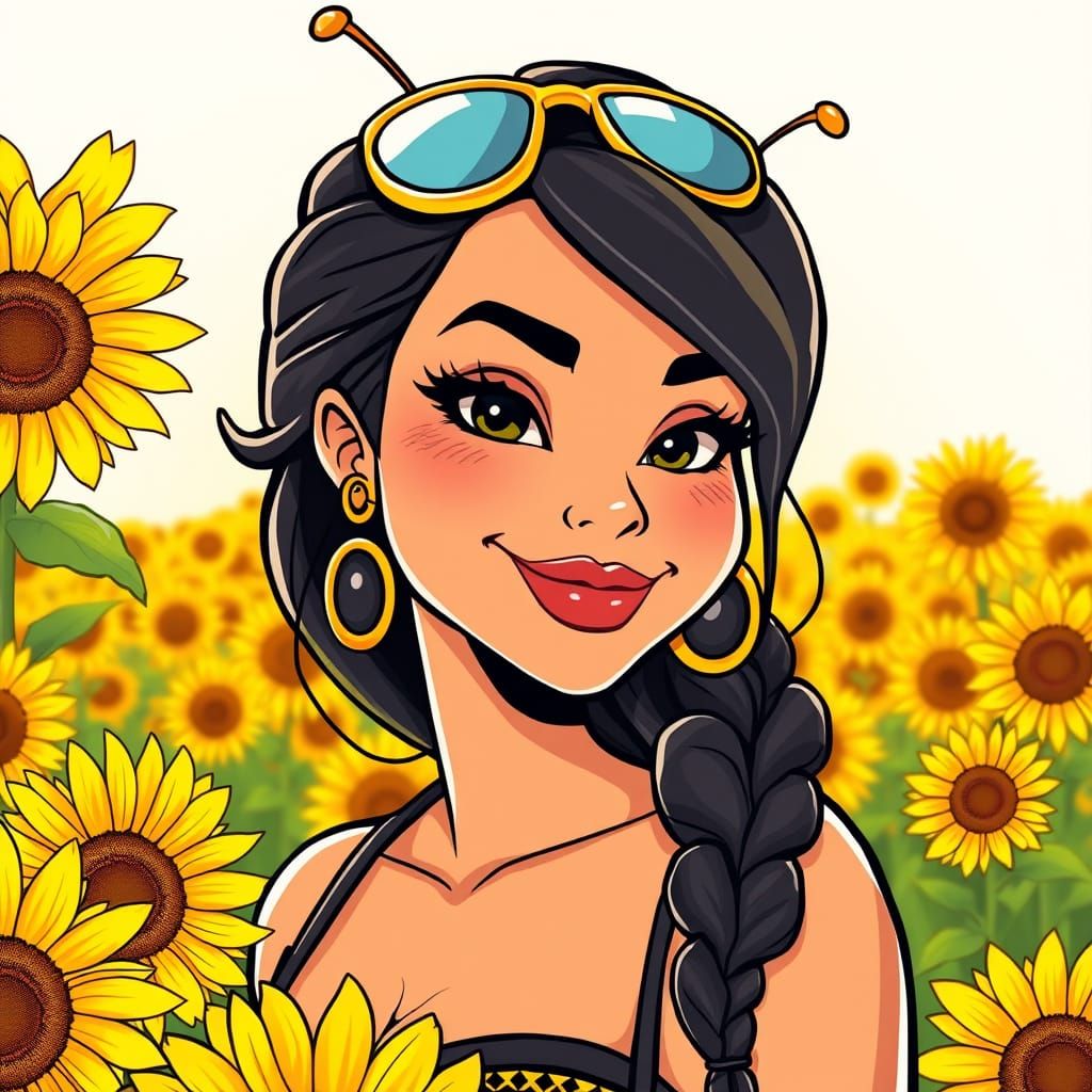 Confident Curvy Woman in Sunflower Field, Cartoon Style