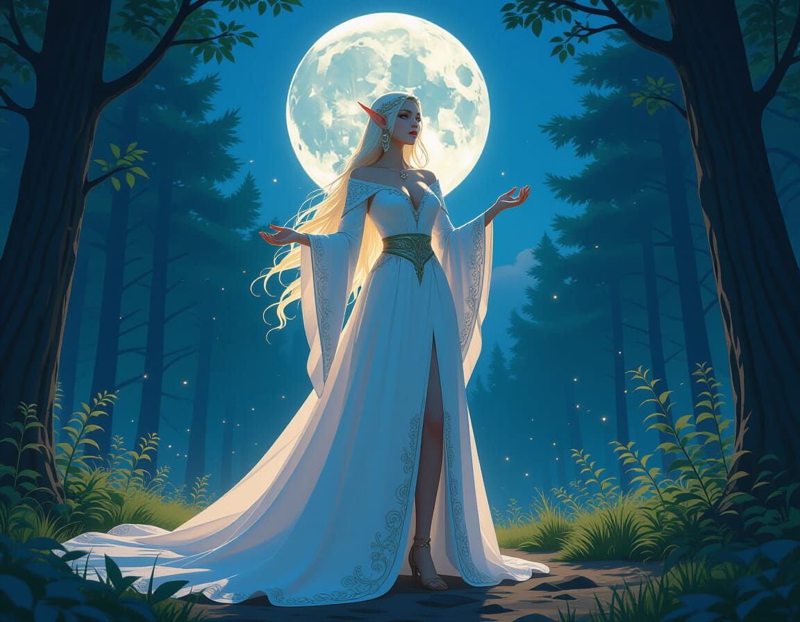 Elf Sorceress in Forest Clearing Summoning Goddesses