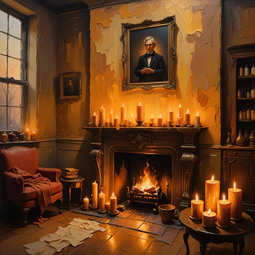 Vibrant Oil Painting of a Candlelit Room