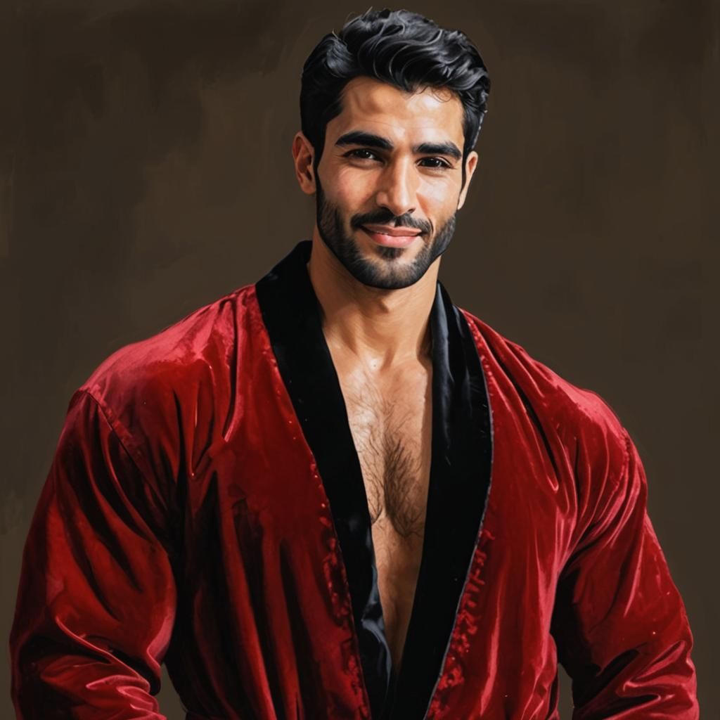 Attractive Man in Red Velvet Robe: Alcohol Ink Style