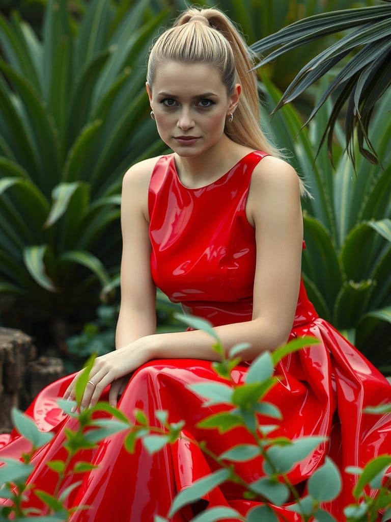 Blonde Woman in Red PVC Dress, Neon Futurism