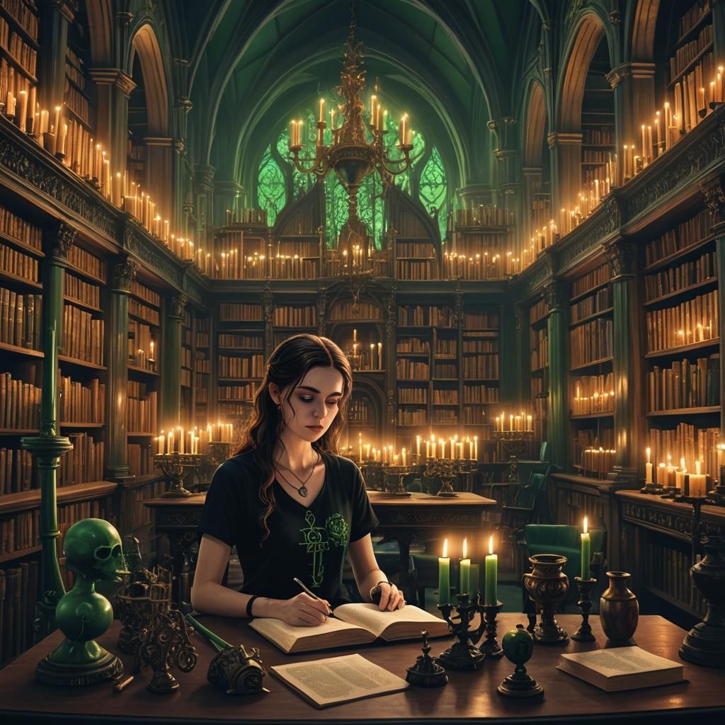 Gothic Library Scene with Glowing Symbols in Fantasy Art