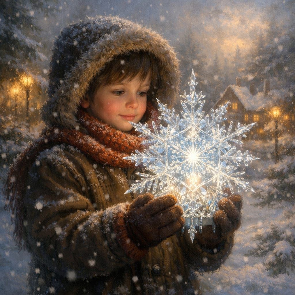 Child Holds Glowing Ice Lantern in Gentle Snowfall