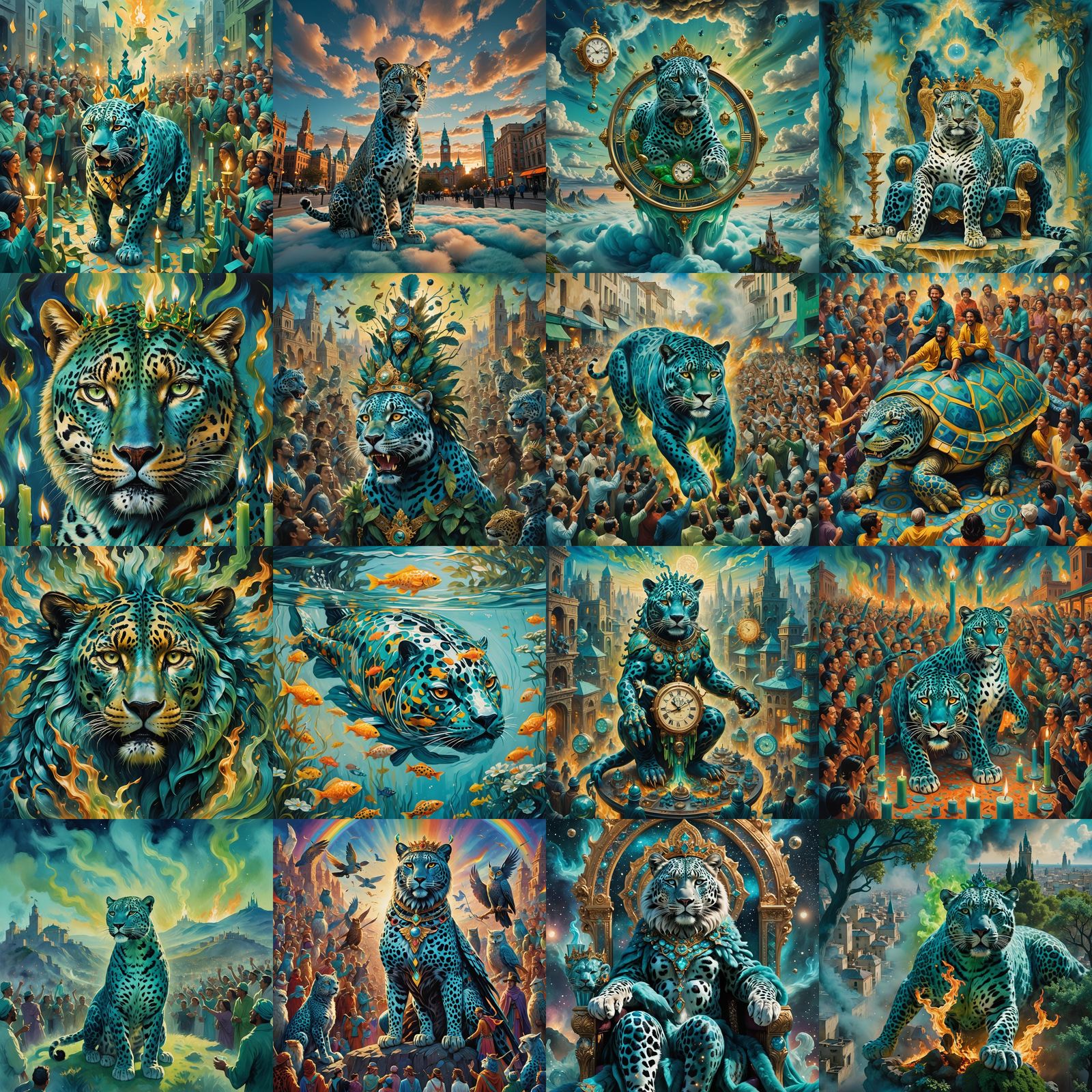 Surreal Freedom Tree with Teal Fire and Gods