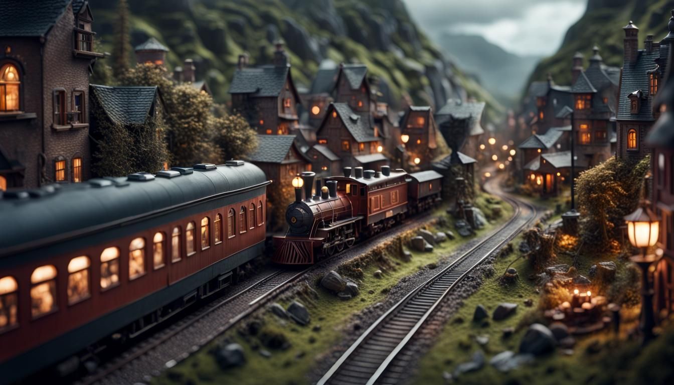 Detailed Miniature Train Village, Digital Matte Painting
