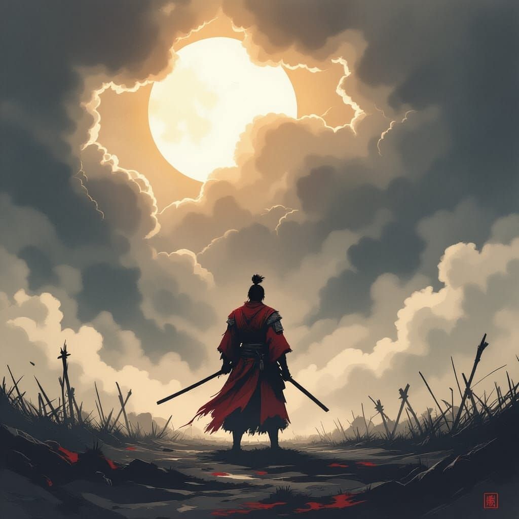 Samurai Warrior Against Stormy Sky in Ink-Wash Style