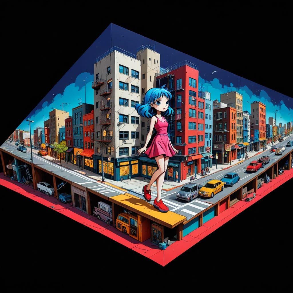 Vibrant Cityscape in Comic Book Style with Pellucid Woman an...