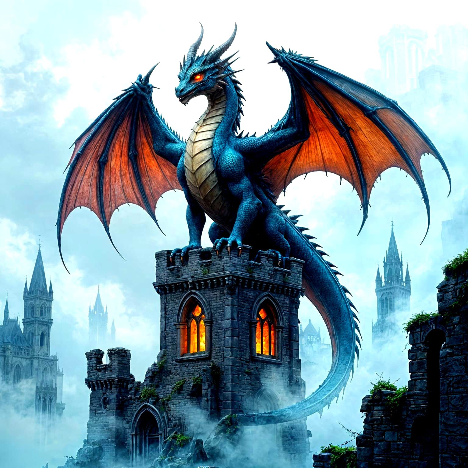 Dragon Perched Atop Gothic Tower in Gouache Style