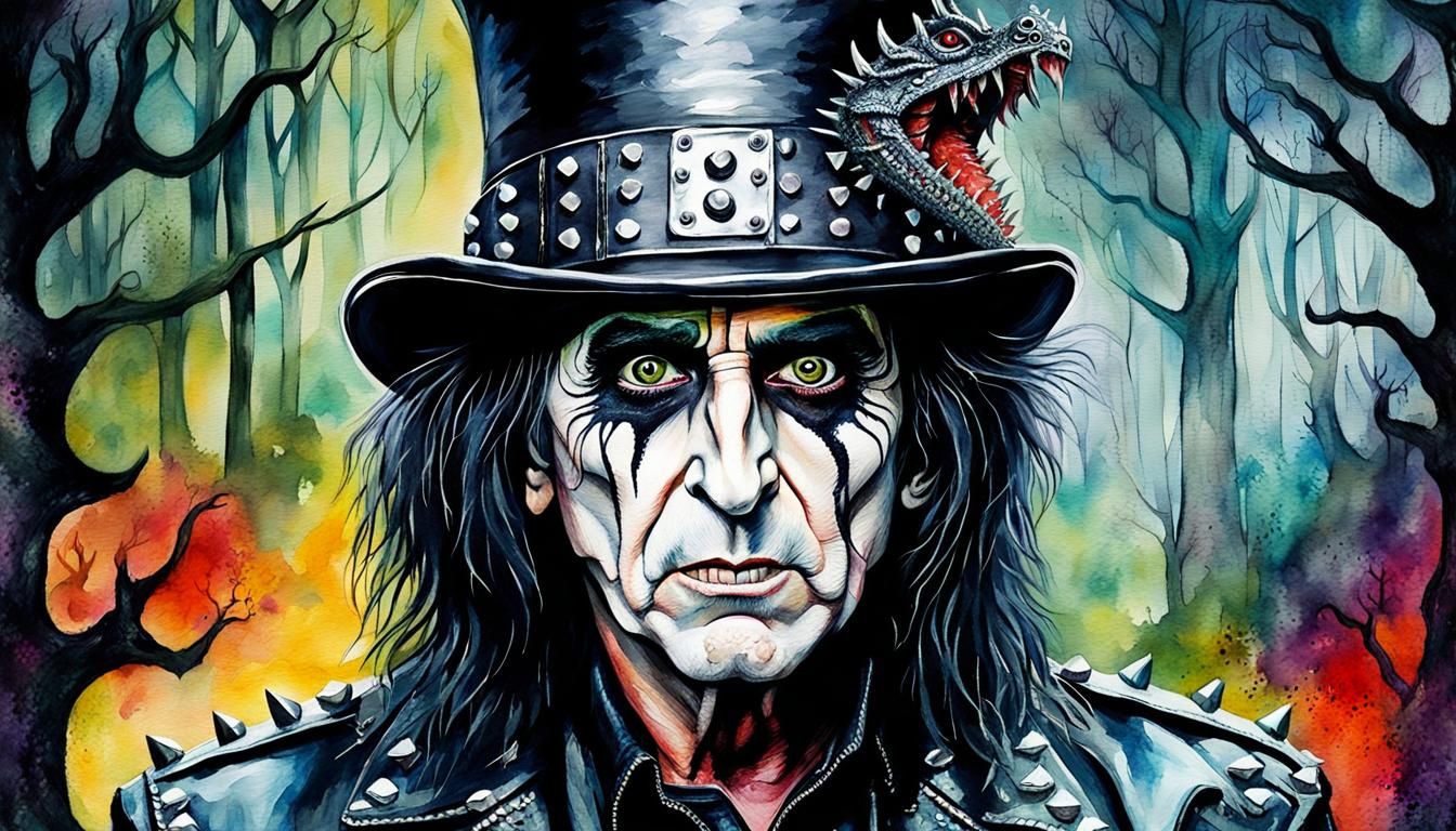 Gothic Rock Star Portrait with Dragons as Watercolor