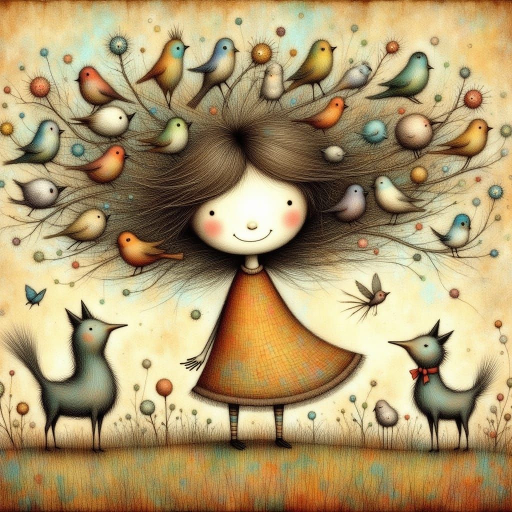 Whimsical Scene of Birds Building Nests in a Woman's Hair