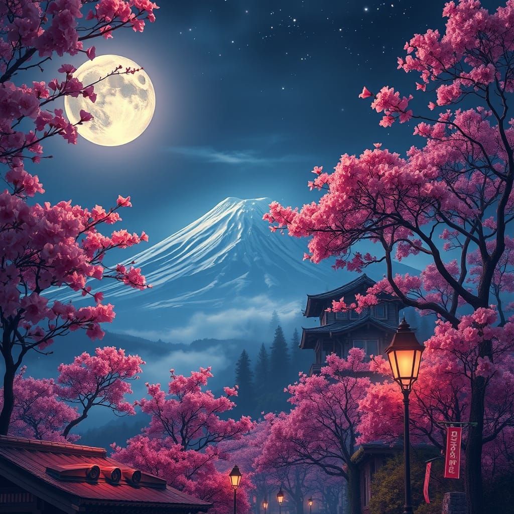 Infrared Mount Fuji Cherry Blossoms in Dreamy Night